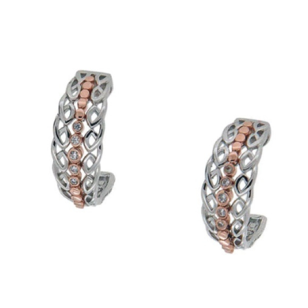 Keith Jack Sterling Silver Rhodium + 10k Rose CZ Half Creole Bridge Earrings